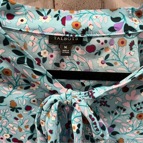 Talbots Blue Floral Neck Tie Blouse Womens Medium - Picture 2 of 6